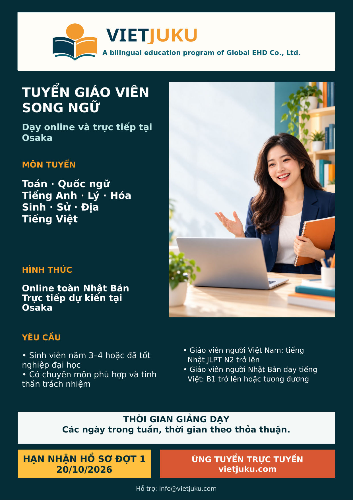 Poster tuyển giáo viên song ngữ VietJuku 2026: giáo viên người Nhật dạy tiếng Việt cần trình độ B1 trở lên hoặc tương đương