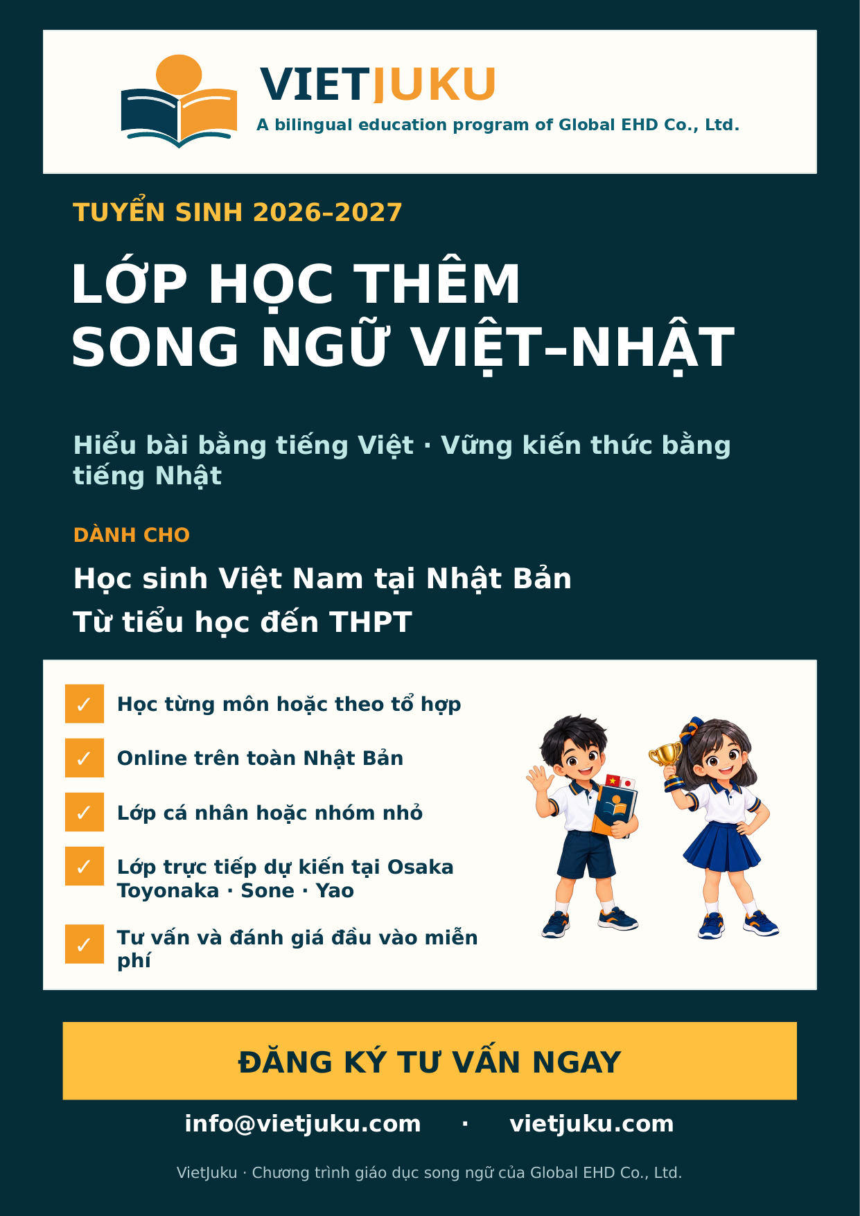 Poster tuyển sinh lớp học thêm song ngữ Việt-Nhật VietJuku 2026-2027