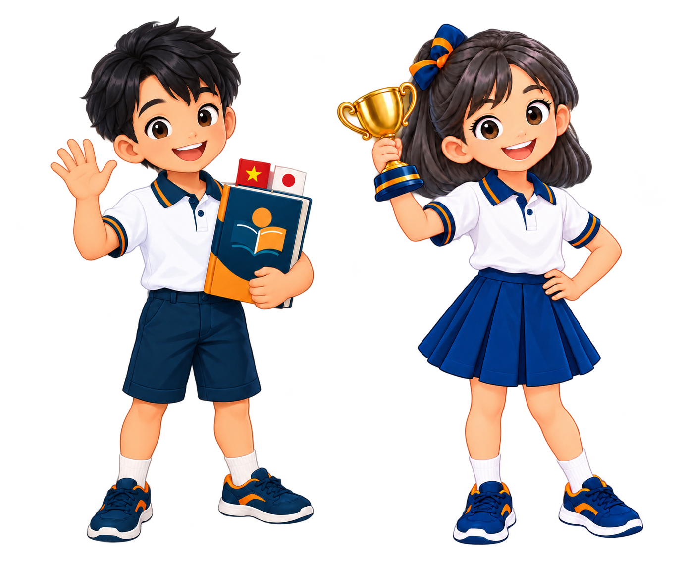 Hai linh vật VietJuku cầm sách song ngữ và cúp học tập